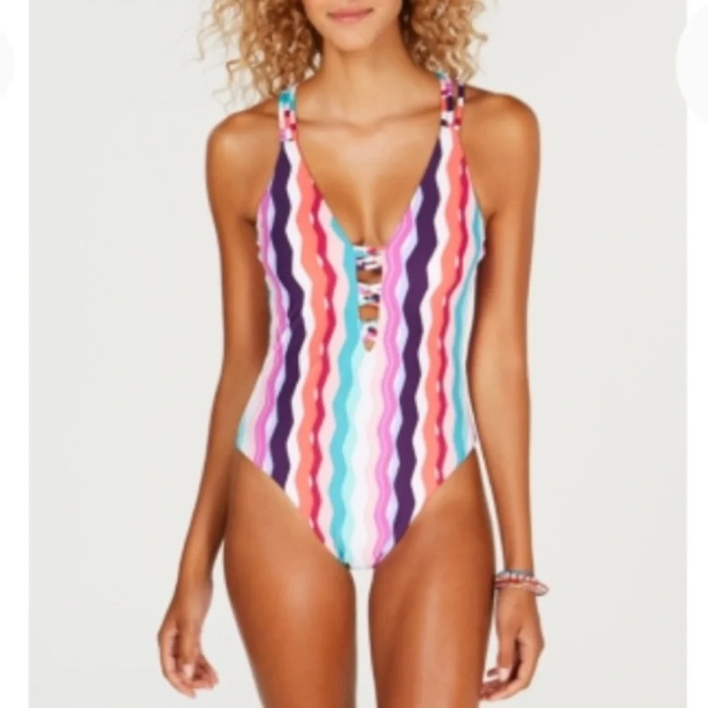 NEW Bar III Waves Strappy One Piece Bathing Suit, Size Medium, Multi Color